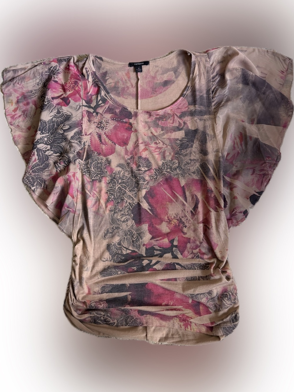 Y2K Fairy Espresso Floral Flutter Sleeve Top Size M